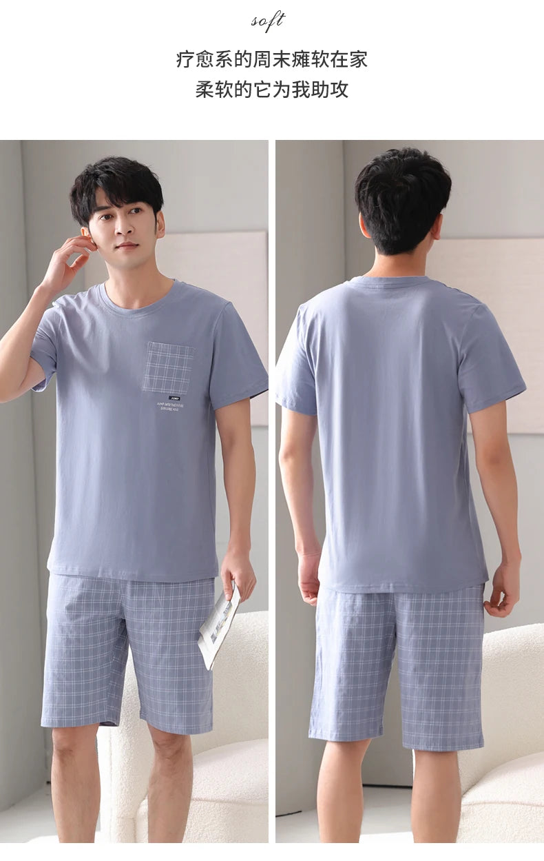 Men Pajamas Set Summer Short Sleeve Striped Casual Tracksuit Sleepshirt + Shorts 2pc Pyjamas Male 4XL 5XL 6XL 7XL Pijamas Hombre