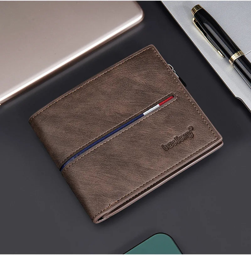 2024 Fashion PU Leather Men's Wallet Short Zipper Card Holder Simple Slim Coin Pocket Leisure Short Wallet