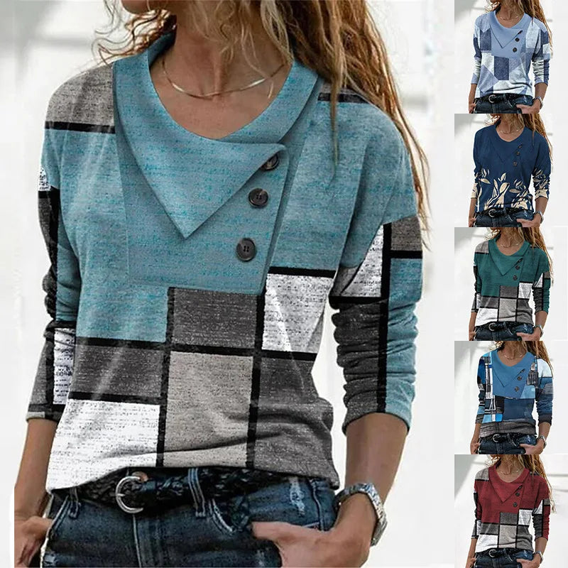 Fashion Geometry Print T-Shirt Women Casual Autumn Button Long Sleeve Tops Chic Circle Decoration Tees 3XL