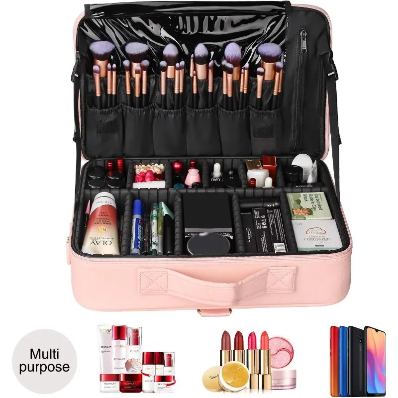 Estuche de viaje para maquillaje, organizador de cosméticos y maquillaje, bolsa de almacenamiento portátil para artistas con divisores ajustables