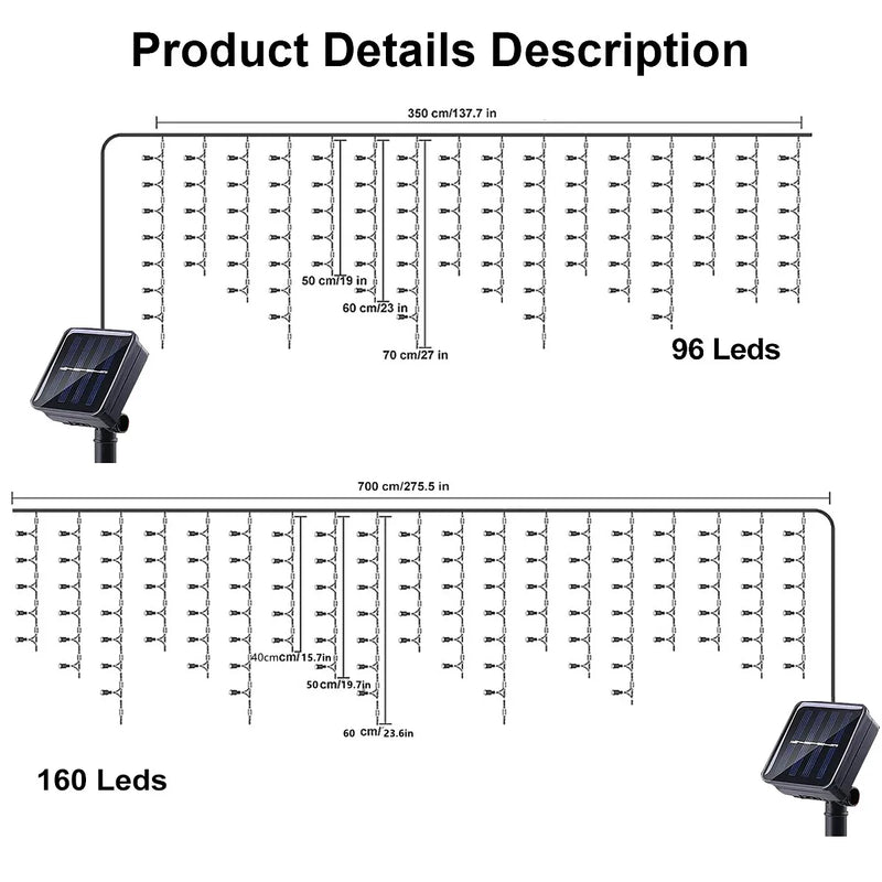 1 cadena de luces LED solares con forma de carámbano de 7 m/23 pies, resistente al agua, para balcón, patio, jardín, fiesta, decoración navideña al aire libre