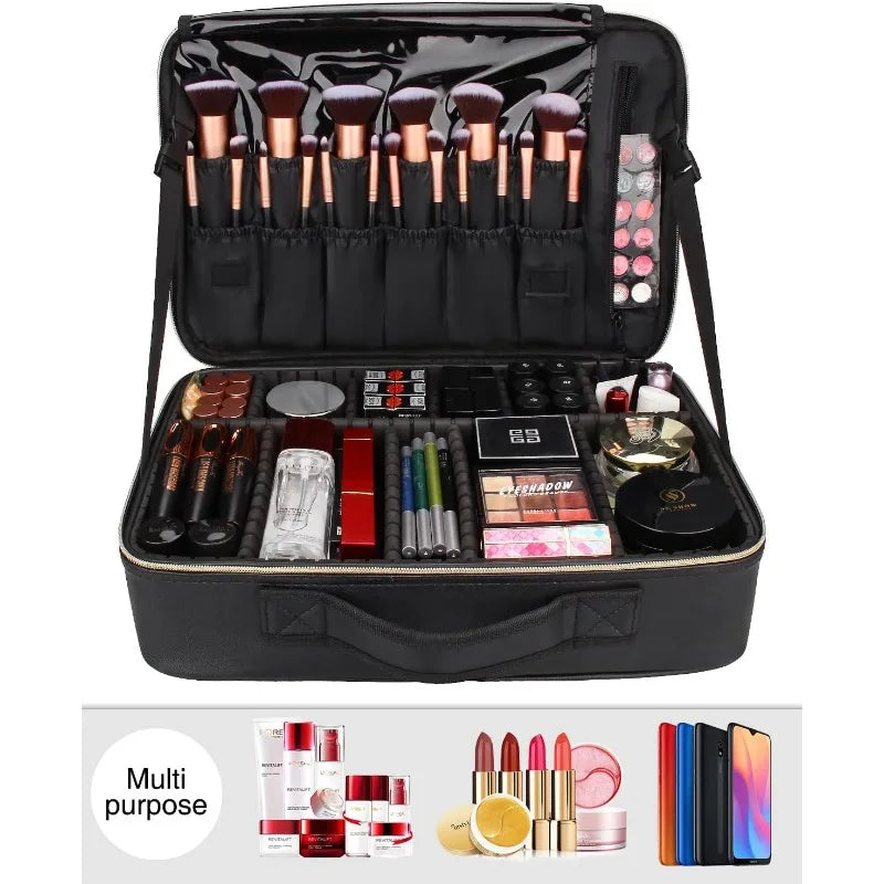 Estuche de viaje para maquillaje, organizador de cosméticos y maquillaje, bolsa de almacenamiento portátil para artistas con divisores ajustables