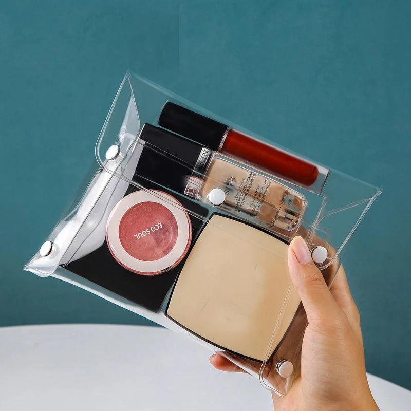 Bolsa de maquillaje transparente, organizador de cosméticos, estuche de viaje portátil para brochas de maquillaje, juego de almacenamiento de PVC transparente, artículos de tocador para baño