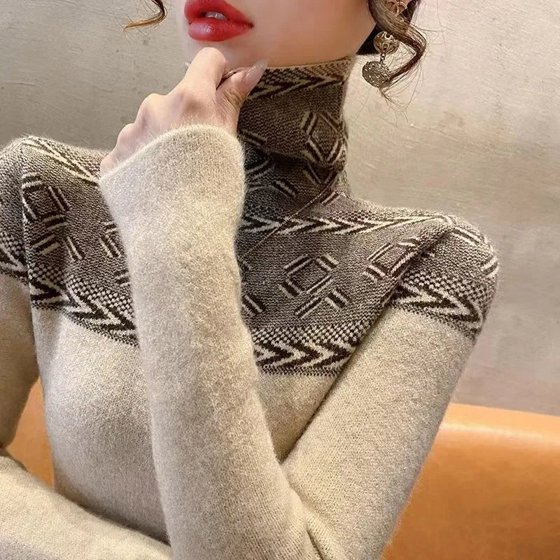 Women's Jumper Turtleneck Slim Fashion Vintage Sweaters Spring Long Sleeve Fashion Inside Basic Knitted Pullovers