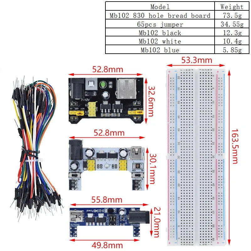 3.3V/5V MB102 Breadboard power module + 65 jumper wires + MB-102 830 points Prototype Bread board for arduino kit