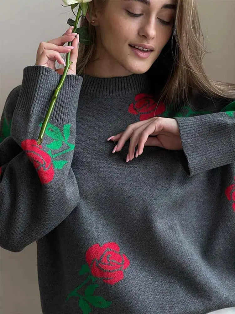 Women Elegant Flower Printed Knitted Jumper Top Chic Round Neck Long Sleeves Loose Pullovers Autumn Lady Fashion Streetwear 2024