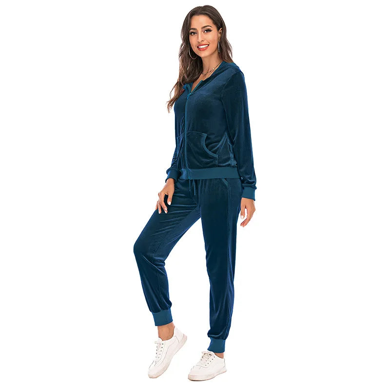 Velour Tracksuit Womens 2 Piece Sweatshirt & Sweatpants Set Full Zip Hoodie Sweatsuit with Pockets Casual Sportswear Autumn