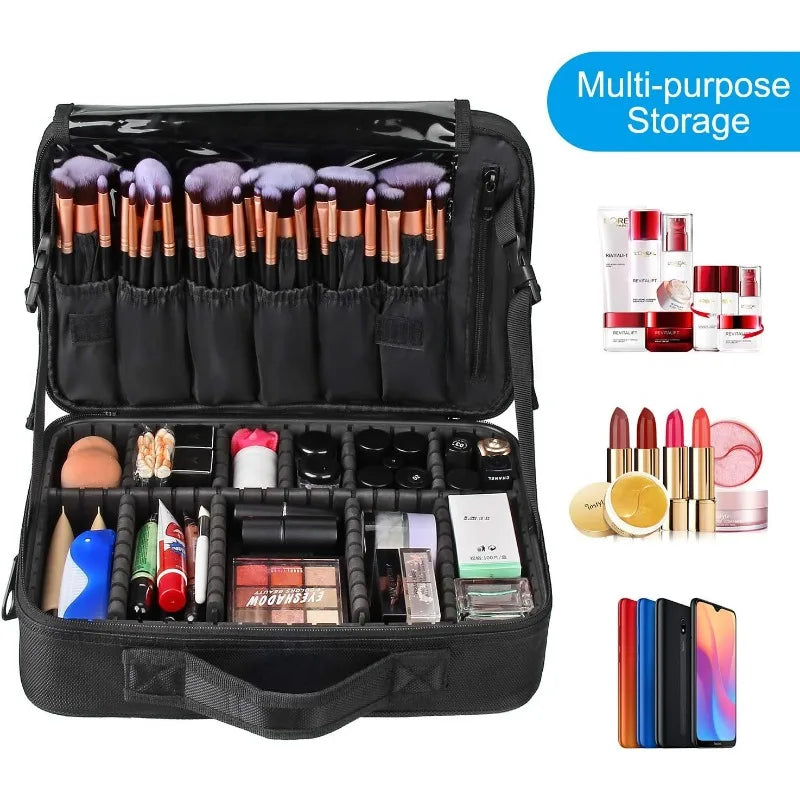 Estuche de viaje para maquillaje, organizador de cosméticos y maquillaje, bolsa de almacenamiento portátil para artistas con divisores ajustables