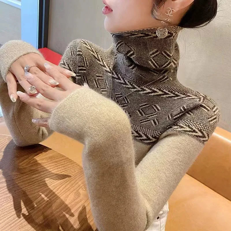 Women's Jumper Turtleneck Slim Fashion Vintage Sweaters Spring Long Sleeve Fashion Inside Basic Knitted Pullovers