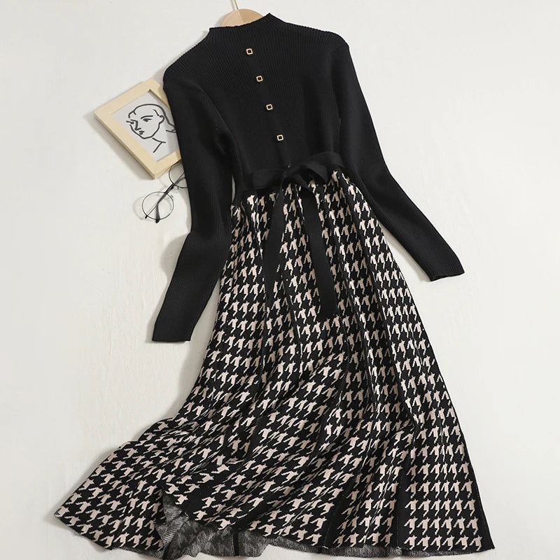 Korean Elegant Knitted Plaid Patchwork Midi Dress for Women Long Sleeve O-neck Bird Lattice Bow Pleated Dress Autumn Winter 2023