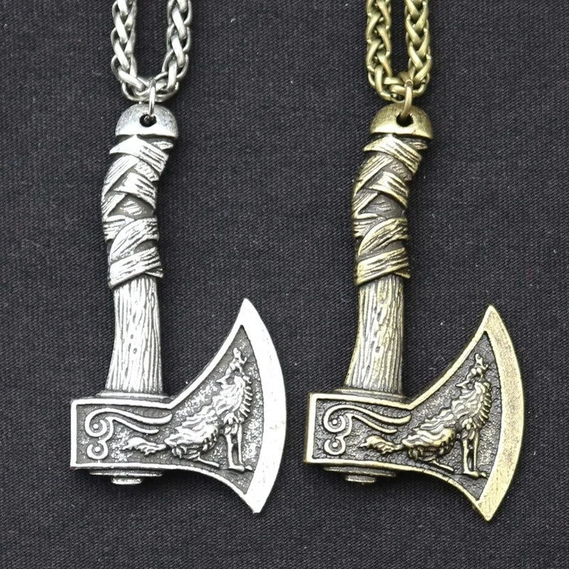 Trendy Retro Crow Prairie Wolf Double Sided Viking Tomahawk Pendant Necklace Charm Men's Necklace Metal Accessorie Party Jewelry