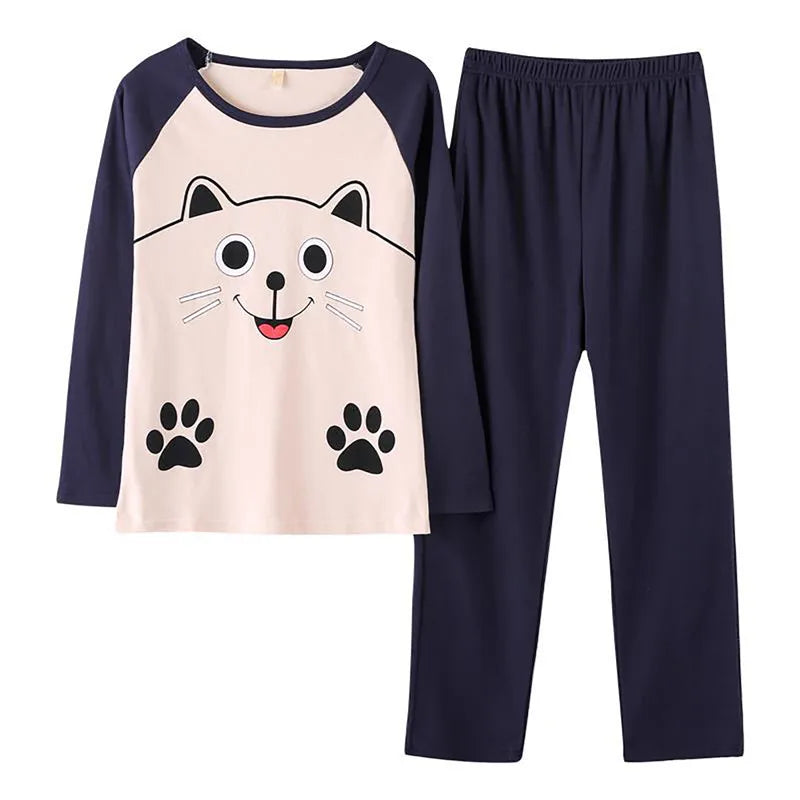 spring and autumn Cute Cartoon Cat Print Pajama Set Women Two-pieces Long Sleeve Sleepwear Underwear Women Pajama Sets