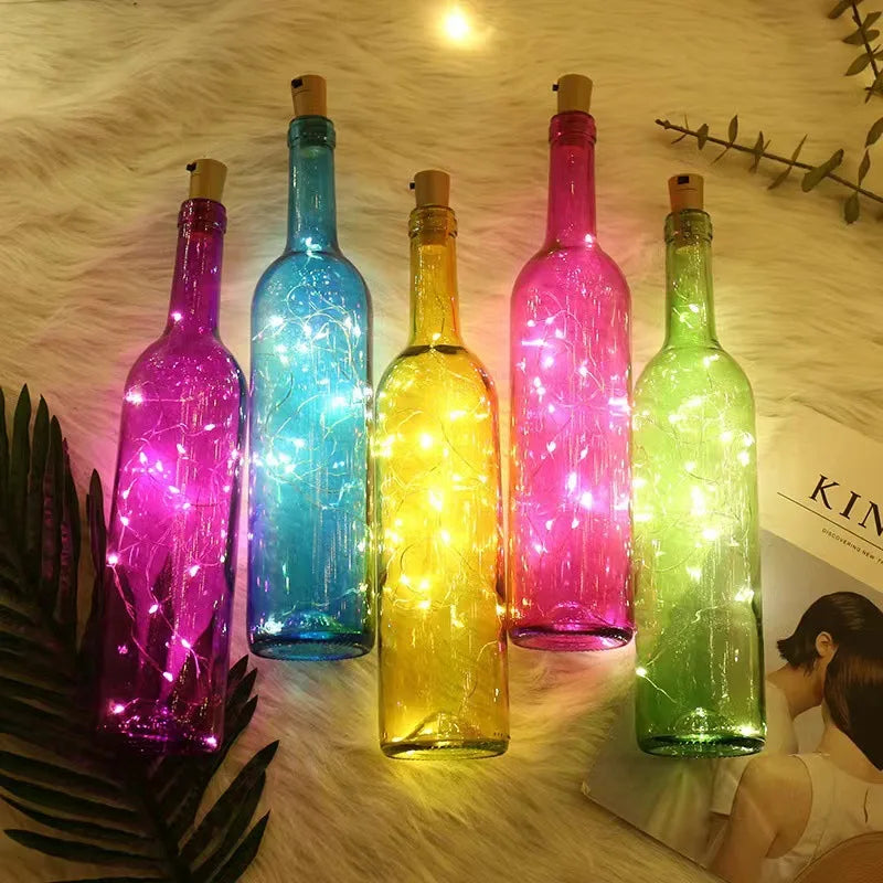 1 guirnalda de luces LED de 1 m y 2 m con alambre de cobre y plata, tapón de botella para decoración de bodas, manualidades de vidrio y Navidad