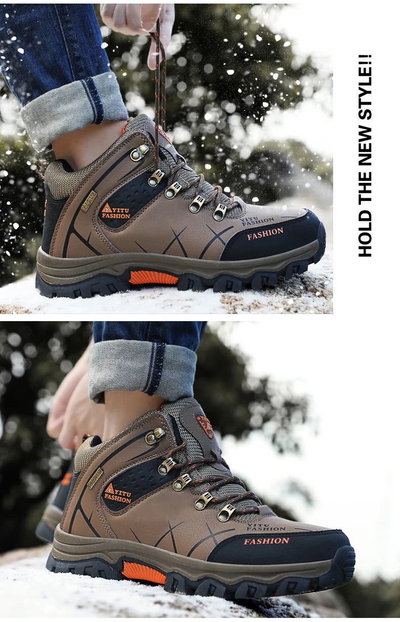 Botas de nieve de invierno para hombre, zapatillas de cuero impermeables, botas muy cálidas para hombre, botas de senderismo para exteriores, zapatos de trabajo, talla 39-47