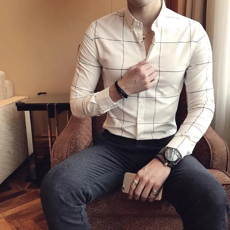 Summer Loose Casual Handsome Retro Korean Style Elegant Fashion Men's Shirt Button Plaid Splicing Lapels Long Sleeve Chic Tops