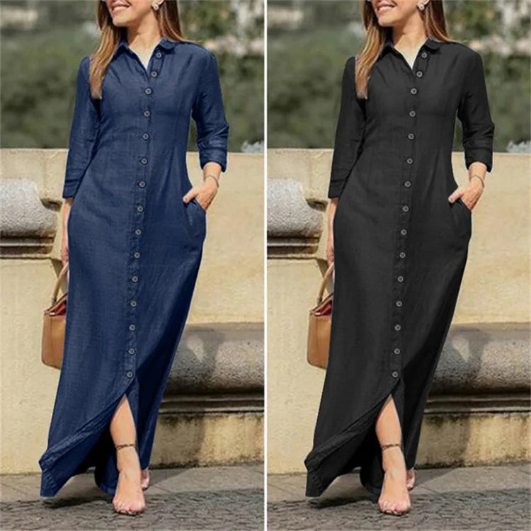 2023 Otoño Elegante Vestido De Mezclilla Para Mujer Camisa De Botones De Manga Larga Vestido Largo Moda Femenina Nueva Ropa Elegante Casual Para Damas