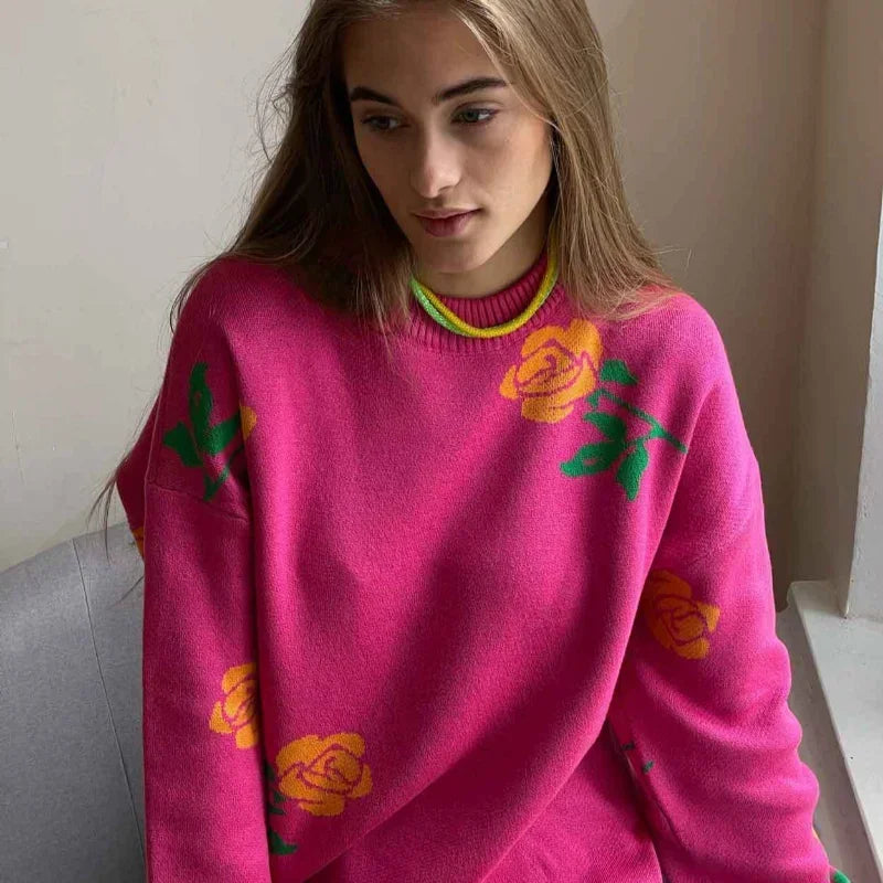 Women Elegant Flower Printed Knitted Jumper Top Chic Round Neck Long Sleeves Loose Pullovers Autumn Lady Fashion Streetwear 2024