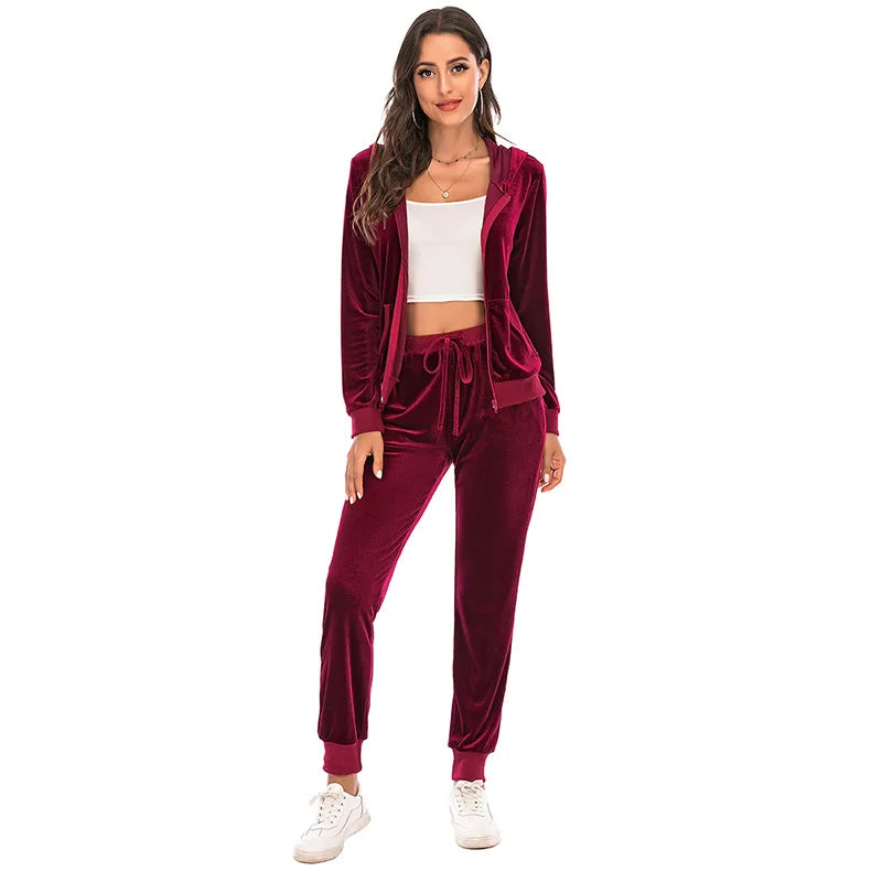 Velour Tracksuit Womens 2 Piece Sweatshirt & Sweatpants Set Full Zip Hoodie Sweatsuit with Pockets Casual Sportswear Autumn