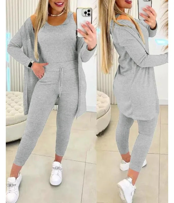 Elegant Fall Outfits Women 2023 Suit Fashion Versatile Casual Round Neck Tank Top & Drawstring Pants Set with Coat Three-piece