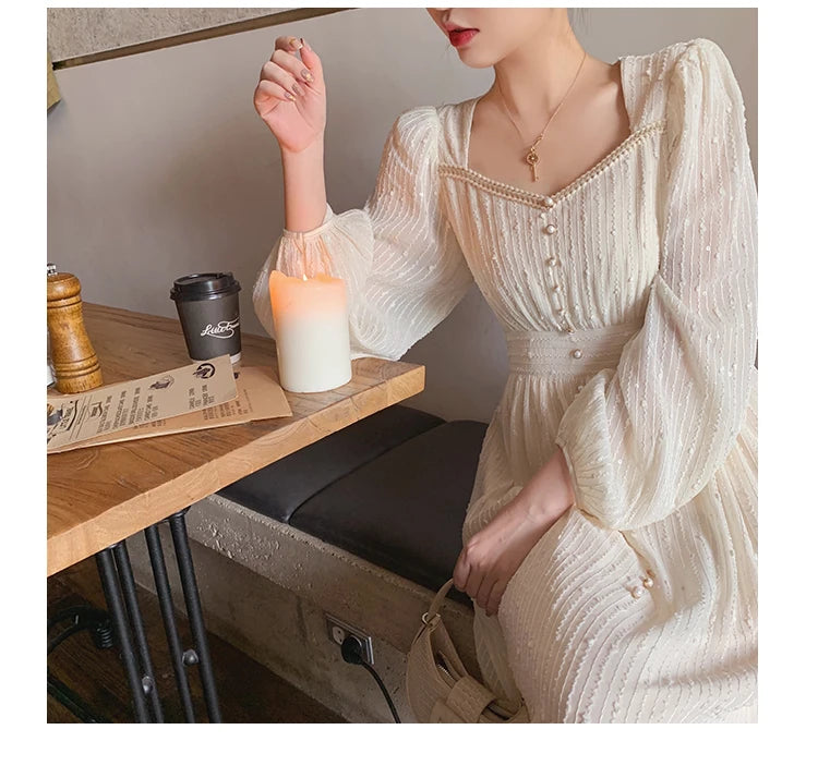 2024 Summer New Women Fashion Elegant White Midi Dresses Vintage Princess Female Party A Line Clothes Prom Robe Vestdios