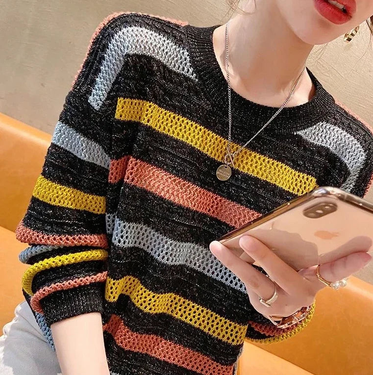 Women's Sweater Round O Neck Knit Tops for Woman Blue Mesh Pullovers Y2k Vintage Trend 2024 Korean Luxury Cold Winter Fashion