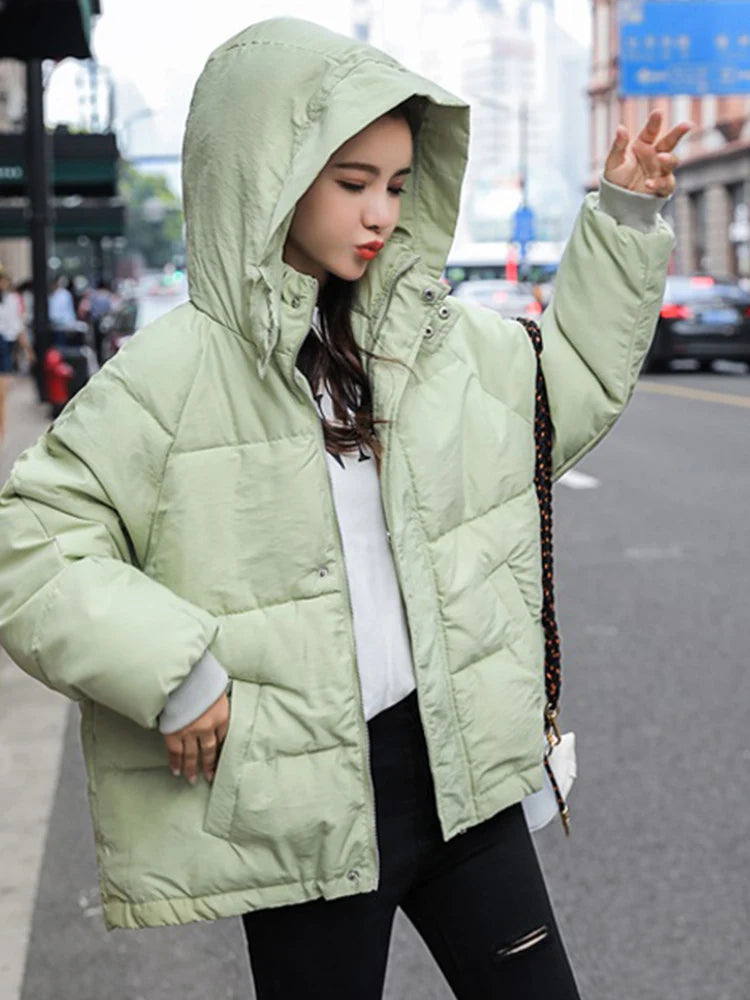 Fashion Winter Hooded Puffer Jacket Women Solid Casual Warm Oversize Parkas Female Korean Loose Long Sleeve Coat Women Clothing