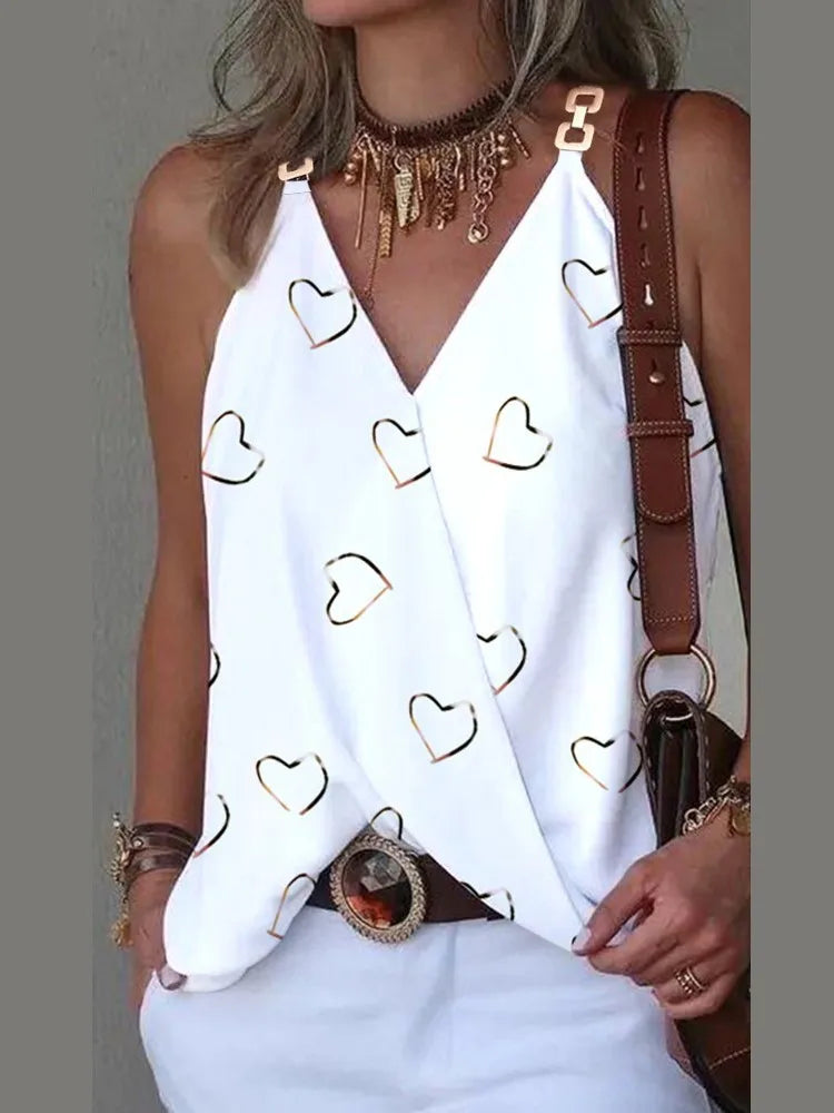 Elegant V-Neck Blouse for Women, Sexy Sleeveless Chain Print, Lady Casual Tops, White, Summer, 2024