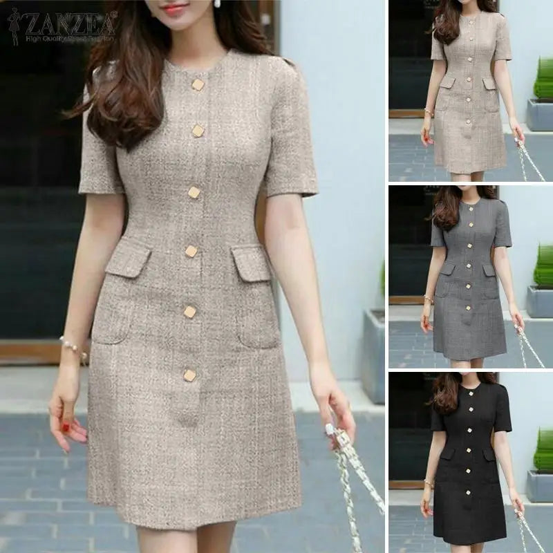 ZANZEA 2024 elegante vestido de mujer con botones elegantes para el trabajo en el trabajo en casa vestido elegante de moda coreana vestido de verano de manga corta ajustado