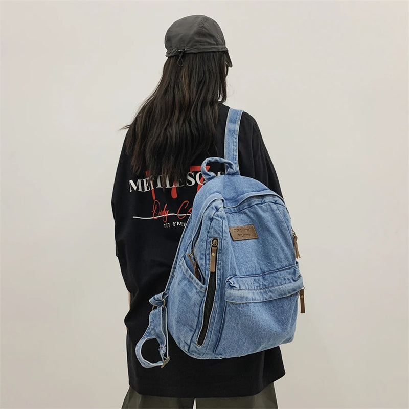 Mochilas de moda de mezclilla para la escuela, tendencia para estudiantes, bolsa de jeans, múltiples bolsillos, mochila de gran capacidad, mochila escolar femenina 2023