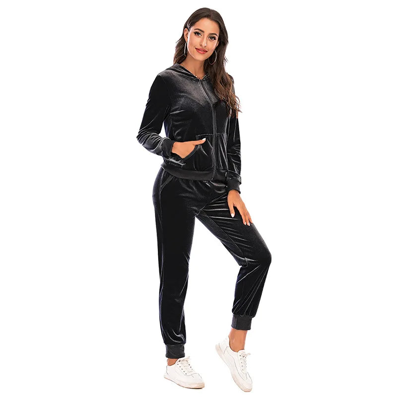 Velour Tracksuit Womens 2 Piece Sweatshirt & Sweatpants Set Full Zip Hoodie Sweatsuit with Pockets Casual Sportswear Autumn