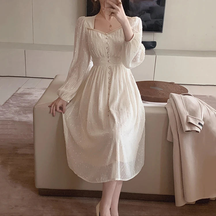 2024 Summer New Women Fashion Elegant White Midi Dresses Vintage Princess Female Party A Line Clothes Prom Robe Vestdios