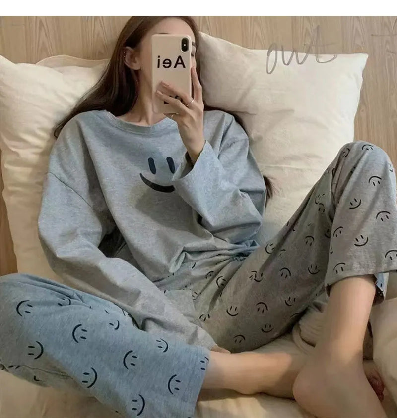 Winter Sleepwear Women's Pajamas Set Long Sleeve Pant Homewear Loose-fit Pajama Smile Facce Print Loungewear