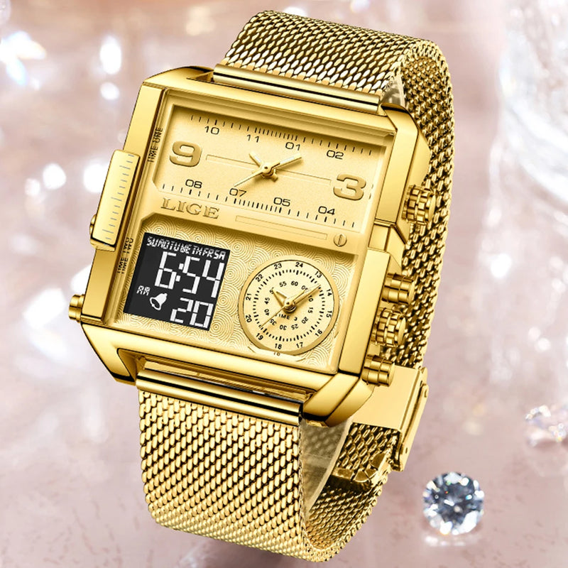 LIGE 2023 Nuevo reloj dorado para mujer, marca superior, relojes cuadrados creativos de lujo, reloj de pantalla dual de moda para mujer, reloj femenino + caja