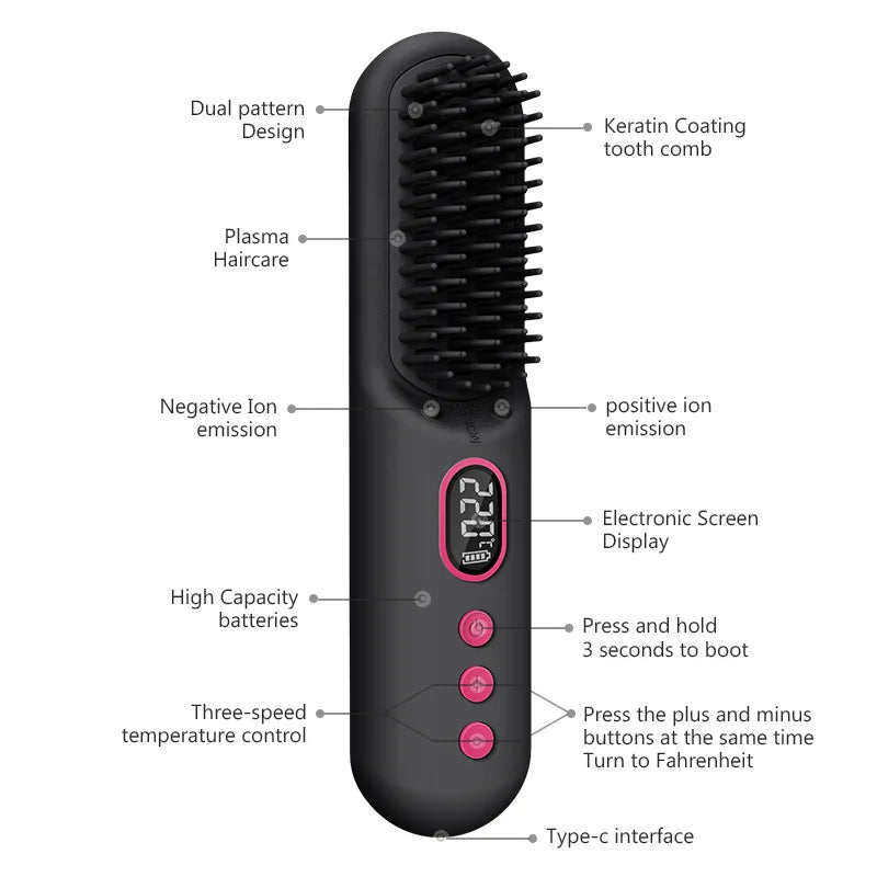 Cordless Portable Hair Straightener Brush with 9600mAh Battery & USB-C Charging Anti-Scald Comb for Travel