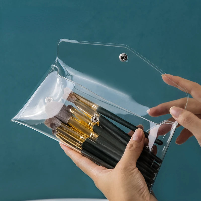 Bolsa de maquillaje transparente, organizador de cosméticos, estuche de viaje portátil para brochas de maquillaje, juego de almacenamiento de PVC transparente, artículos de tocador para baño