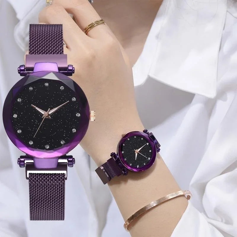 Relojes de lujo con cielo estrellado para mujer, pulsera de diamantes de imitación, reloj de cuarzo para mujer, reloj de pulsera con hebilla magnética de acero fino, reloj para mujer