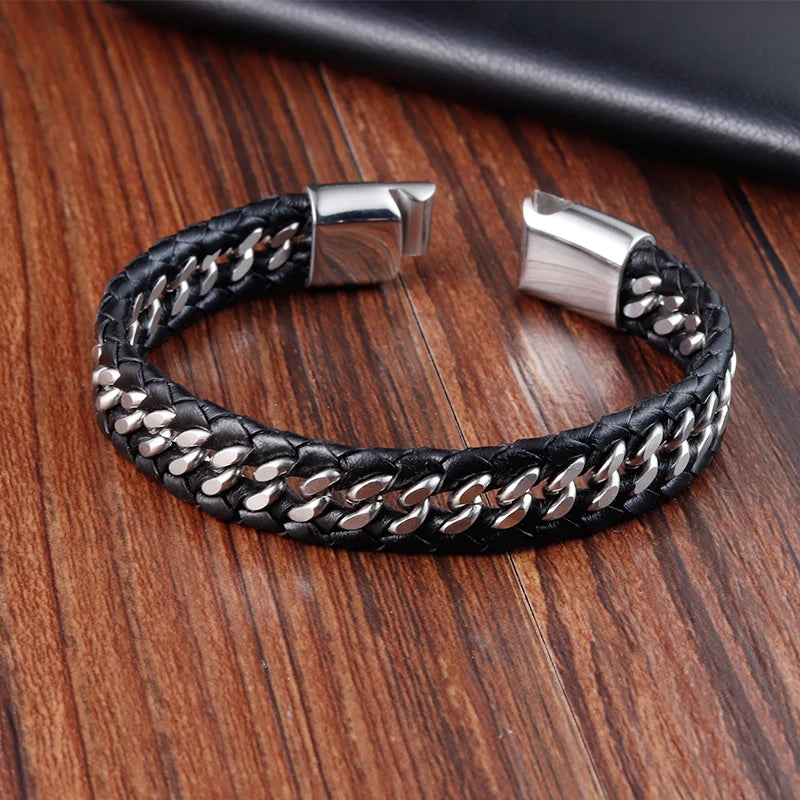 Pulseras de cuero negro trenzado para hombre, estilo punk, de acero inoxidable, para amigos, joyería de moda, regalos