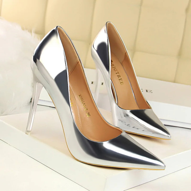 Women Metallic Leather Pumps 7.5cm 10.5cm High Heels Lady Stiletto Low Heels Wedding Bridal Silver Gold Sparkly Quality Shoes