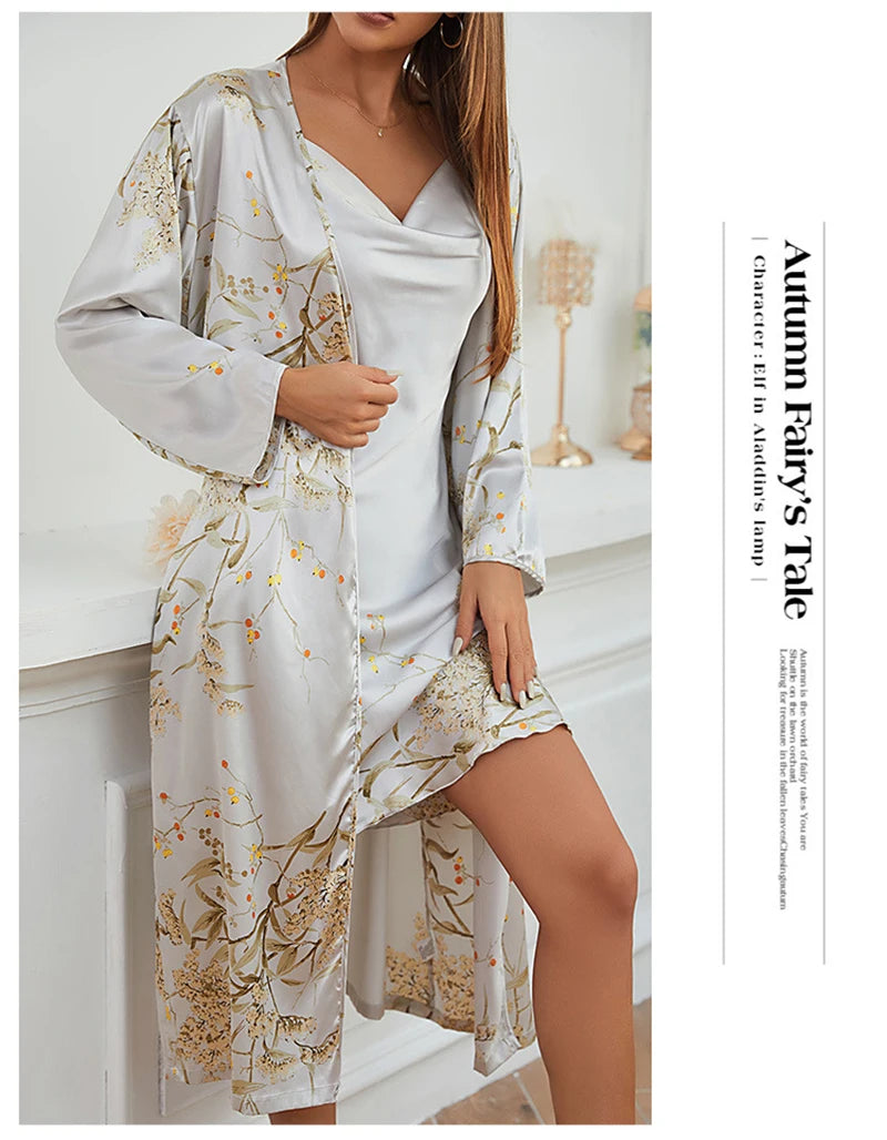 Simple Women's Four Seasons Home Clothing Sexy Imitation Silk Printing Pajamas Female Thin Nightgown Night-Robe 2PCS Suit