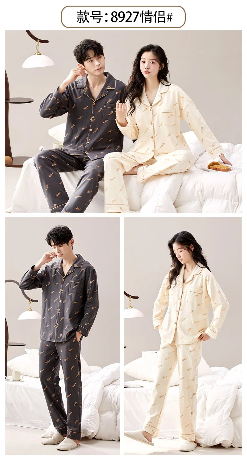 2024 New Cotton Homewear for Couples Autumn Women and Men Matching Cardigan Pajamas Set Young Girl Boy Pjs Pijamas Mujer Hombre