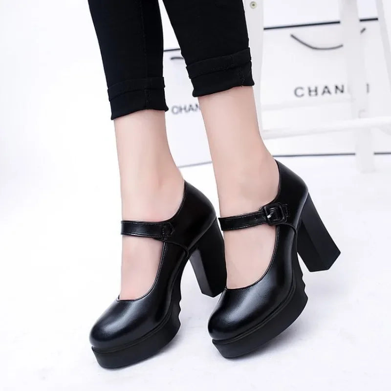 Women's Black high heels Pumps Catwalk sandals Soft-soled Leather Thick Heels Large Size Women's Shoes Elegant woman heels