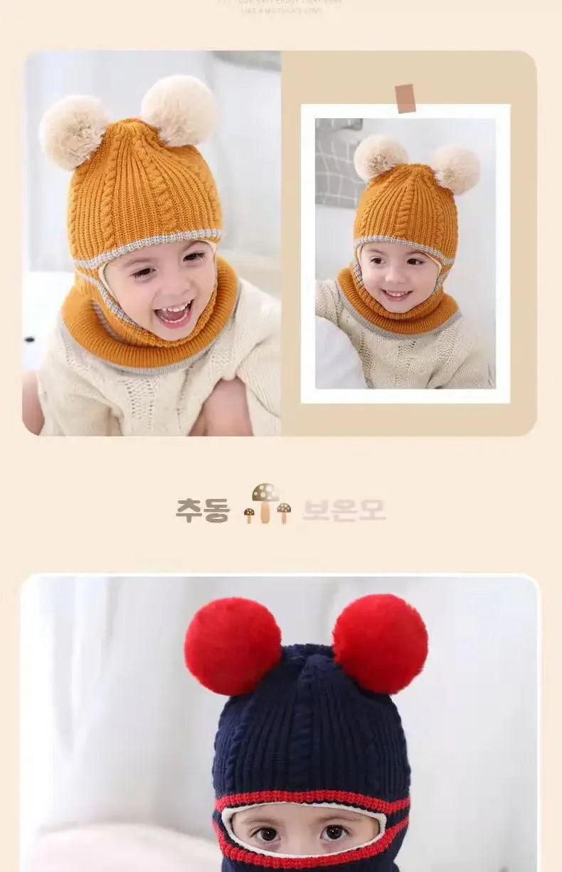 Gorro de invierno para bebé de 2 a 5 años, bufanda, gorro de punto con pompón de una pieza para niños, gorro cálido para el cuello para niñas y niños, gorros a prueba de viento, gorro para bebé