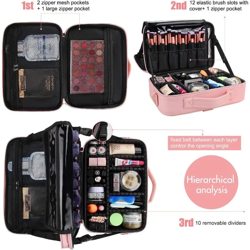 Estuche de viaje para maquillaje, organizador de cosméticos y maquillaje, bolsa de almacenamiento portátil para artistas con divisores ajustables