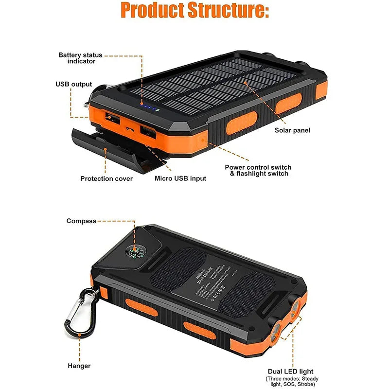 200000mAh Solar Power Bank Large Capacity Outdoor Wild Fishing Camping Mobile Power Portable with Compass Supply Fast Charging