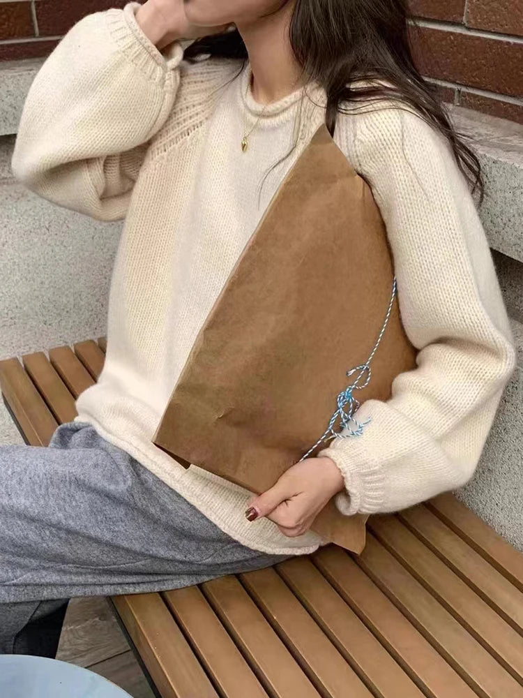 Suéter holgado de manga larga Harajuku para mujer, jerséis coreanos de otoño e invierno, prendas de punto, tops suaves y cálidos, suéter elegante de color liso para mujer