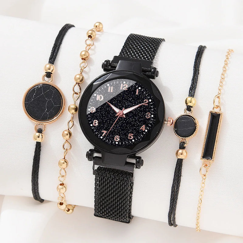 Conjunto de 5 relojes de pulsera de cuarzo con esfera redonda y diseño de cielo estrellado para mujer, relojes con cinturón de malla informales a la moda para mujer, reloj sencillo para vestir, regalo para niña