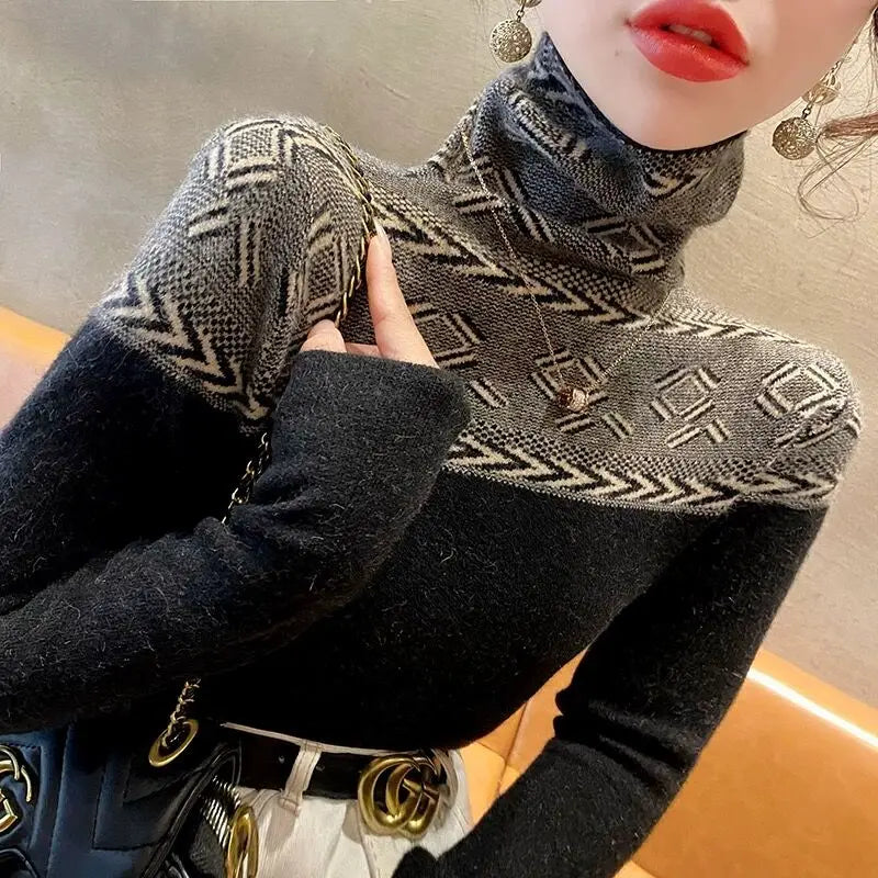 Women's Jumper Turtleneck Slim Fashion Vintage Sweaters Spring Long Sleeve Fashion Inside Basic Knitted Pullovers