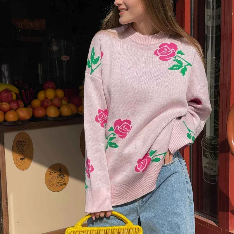 Women Elegant Flower Printed Knitted Jumper Top Chic Round Neck Long Sleeves Loose Pullovers Autumn Lady Fashion Streetwear 2024