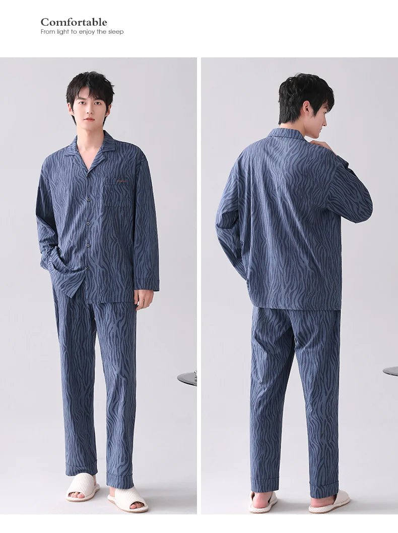 Conjuntos de pijamas para hombre, pijamas de algodón, cárdigan con botones para hombre, ropa de dormir, ropa de dormir de manga larga, chándal informal estampado, pijama para hombre