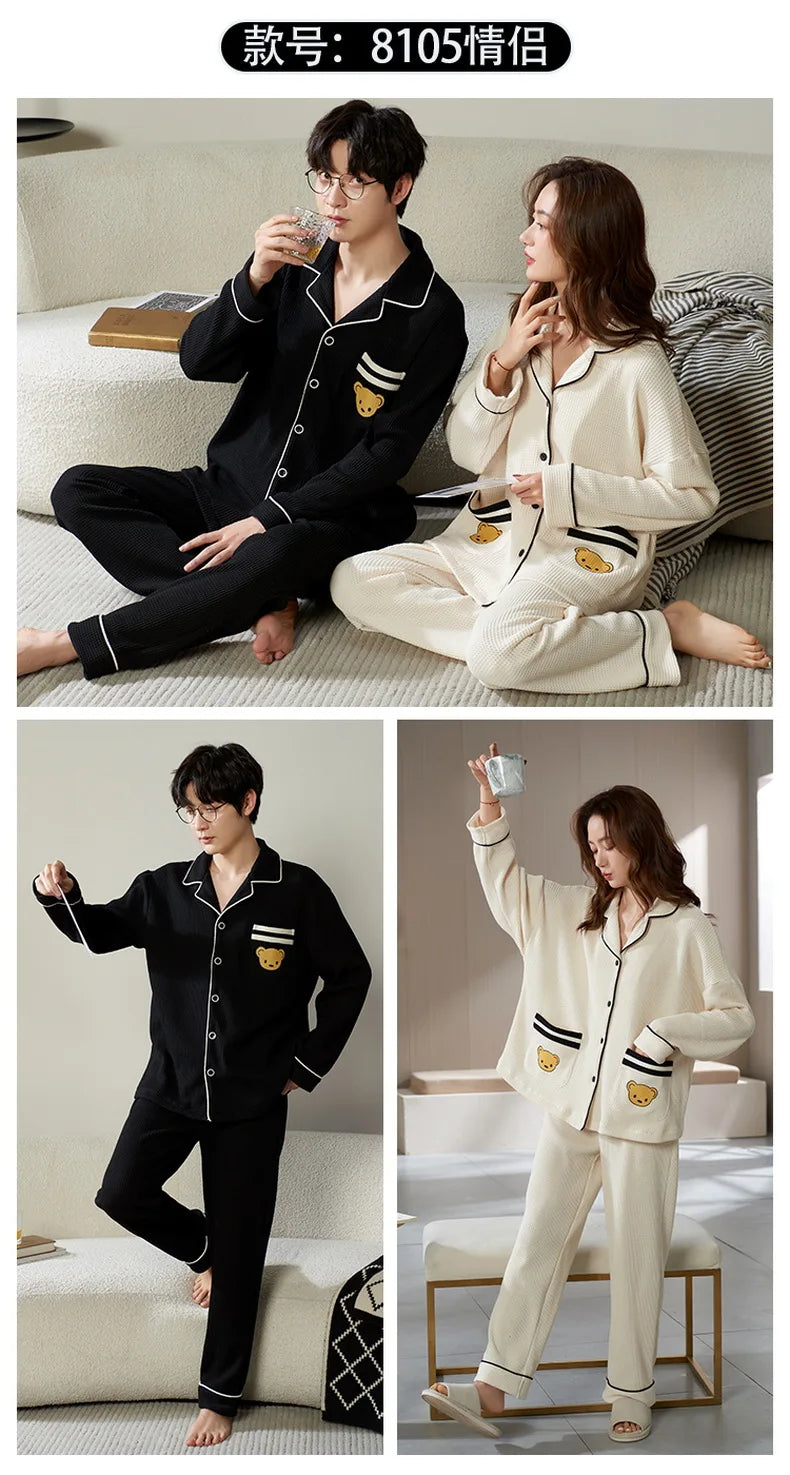 Cotton Sleepwear For Couples Korean Cardigan Men Pijamas Women Pajamas Set Long Sleep Tops Pant Nightwear Pjs pareja hombre